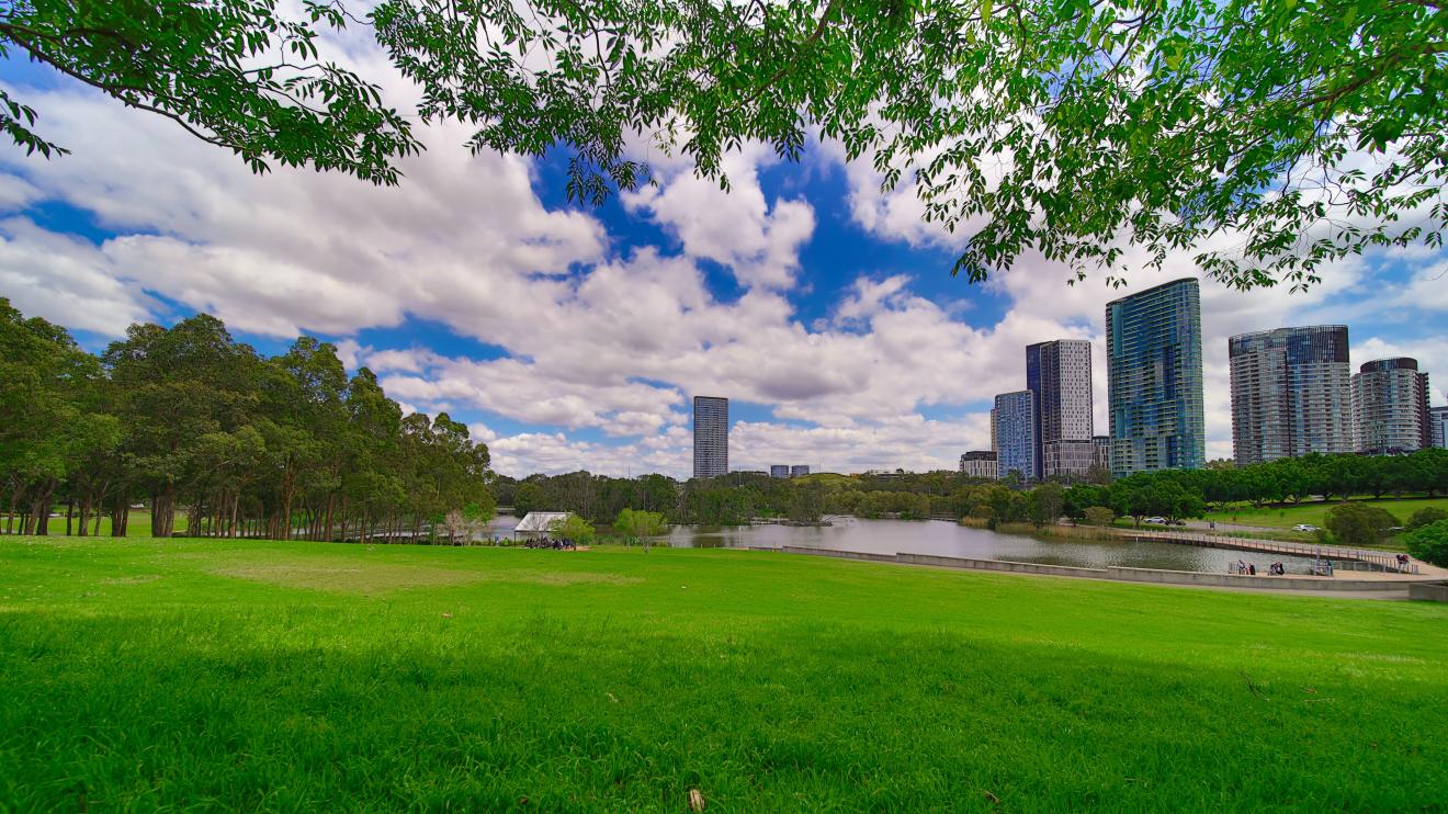 An urban park with green grass in the foreground, water and tall buildings in the background