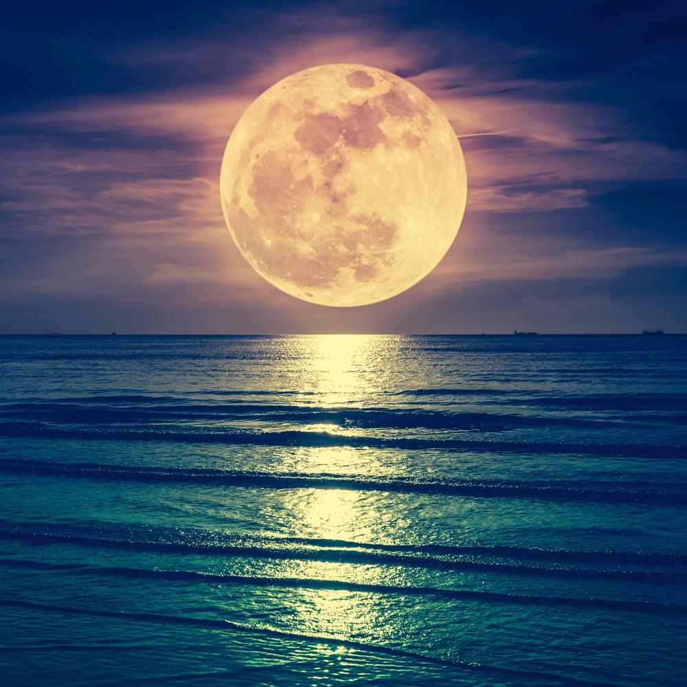 Full moon rising over ocean
