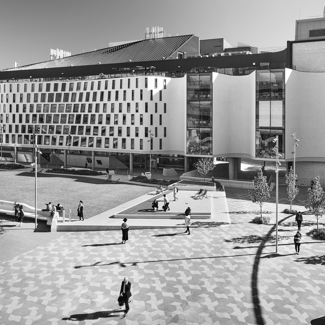 Black and white image of UTS Alumni Green taken from up above.