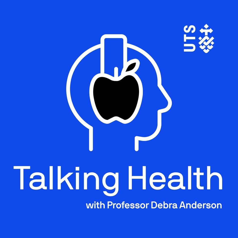 Illustration: man with headphones. Text: Talking Health with Professor Debra Anderson