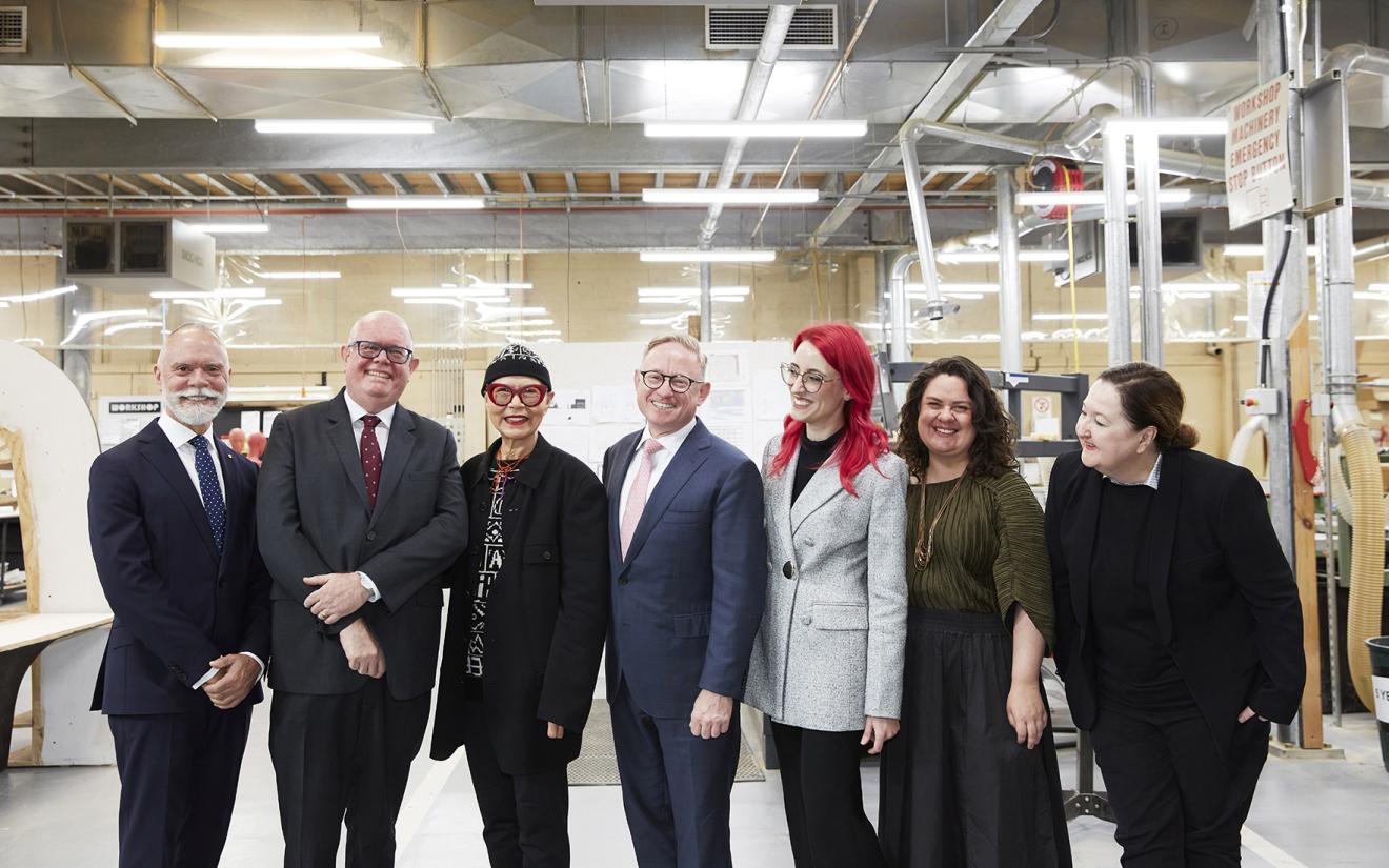 Image: (L - R) UTS Pro Vice - Chancellor (Indigenous Leadership and Engagement) Professor Michael McDaniel; UTS Vice - Chancellor and President Professor Andrew Parfitt; fashion designer Jenny Kee; NSW Minister for the Arts, Ben Franklin; Powerhouse Trustee Beau Neilson; Powerhouse Director, First Nations Emily McDaniel; Powerhouse Chief Executive Lisa Havilah. Photograph by Zan Wimberley.
