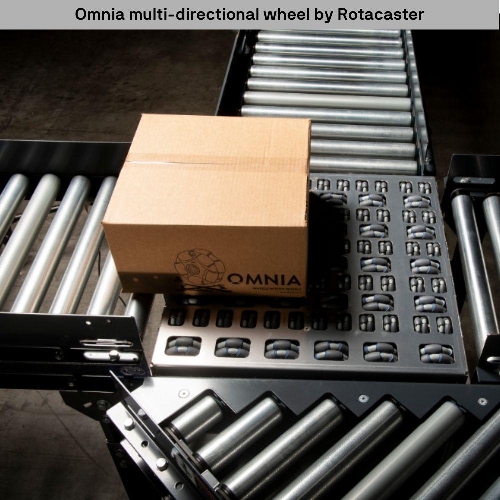 Conveyor belt showing a multi directional Omnia wheel moving a box along it