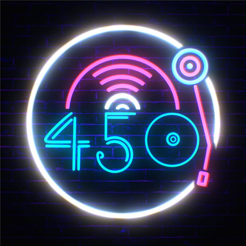 graphic design logo of record player with number 450 - blue and pink and white on black