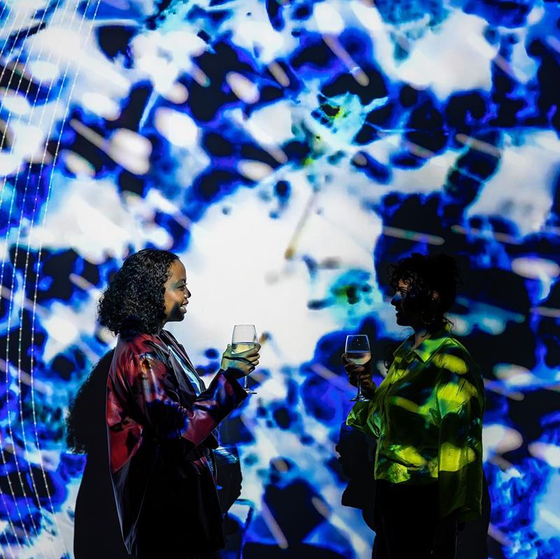 Two ladies with drinks in hands standing in front of a wall with blue and white projections