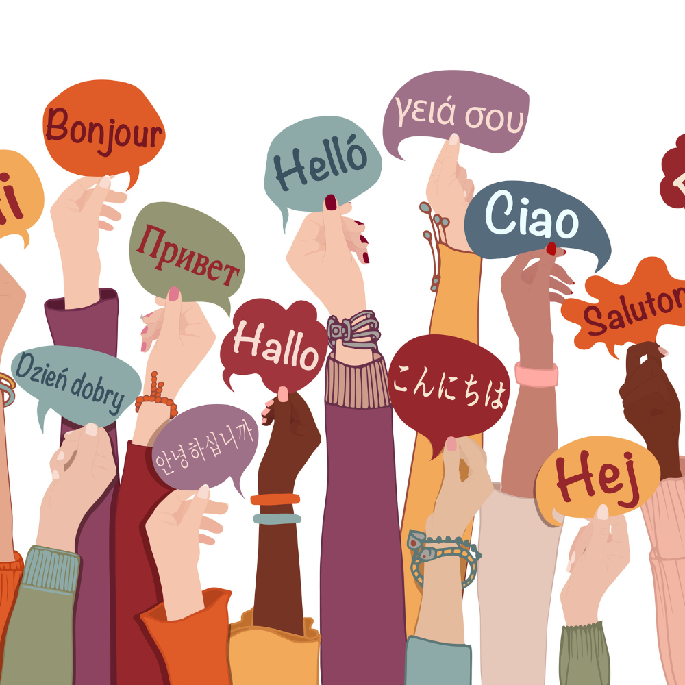 Illustration of many hands with 'Hello' in different languages