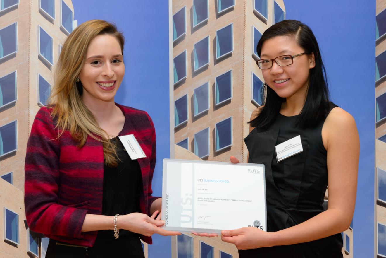 UTS Bachelor of Business student Jaslyn Ng with Royal Bank of Canada Head of HR Brigid Meagher.