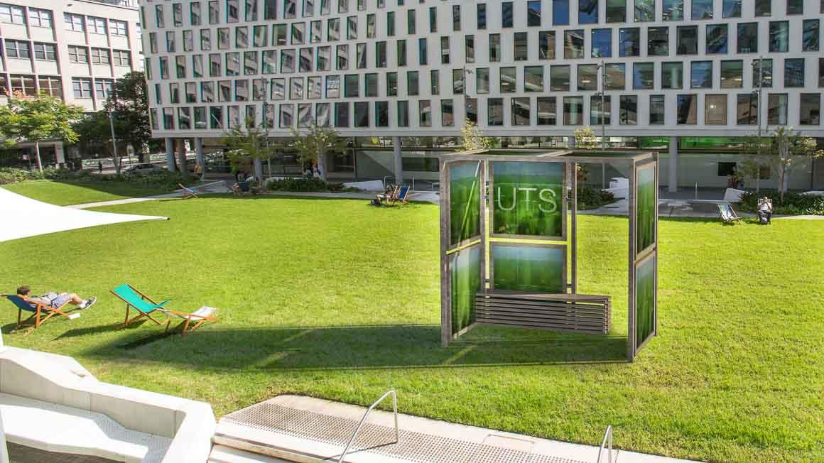 An artist’s impression of the algae panel installation proposed for UTS’s Alumni Green.