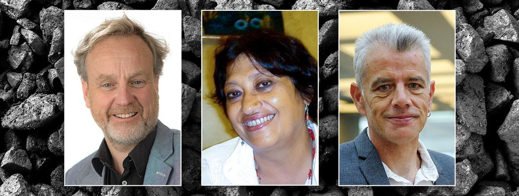 Photos of James Goodman, Devleena Ghosh and Tom Morton, with a background photo of coal