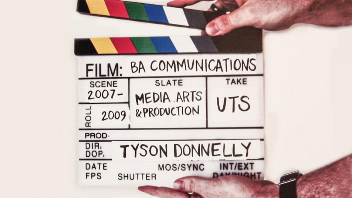 Self-promotional artwork by Tyson Donnelly - A clapperboard with details of his UTS study