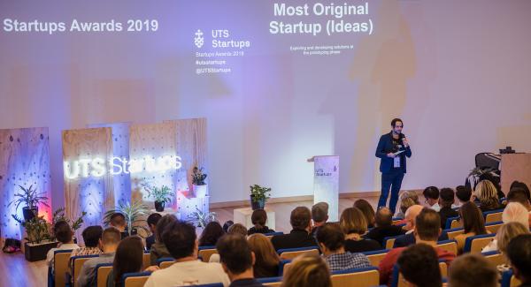 A student pitching their idea at the UTS Startups Awards event in 2019