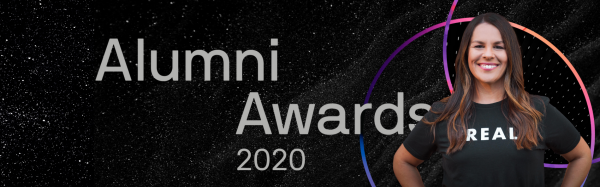 black banner image with the words Alumni Awards 2020 - image also depicts two pink circles overlaying each other