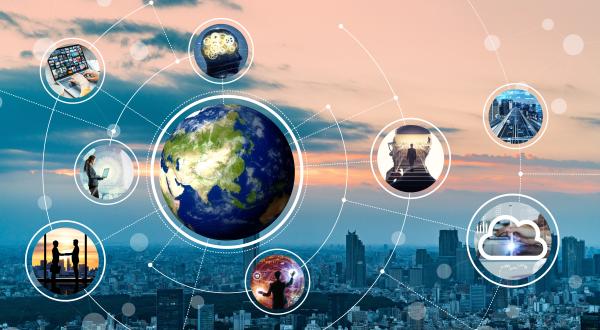 City background with images of global network