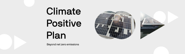 Solar panels with text: climate positive plan, beyond zero net emissions