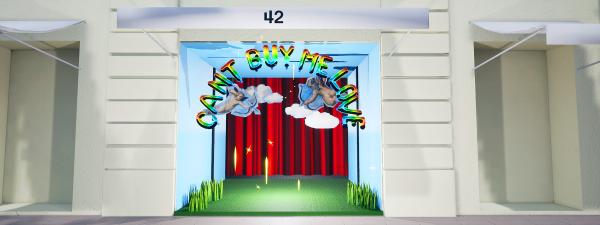 A digital image showing a shopfront with red velvet curtain, cardboard angels and rainbow balloons
