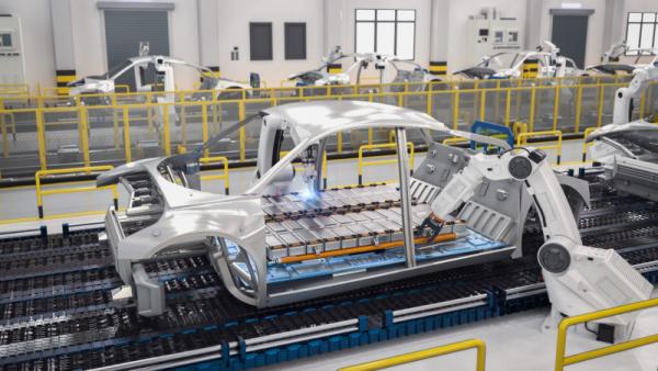 robot assembly line with electric car battery