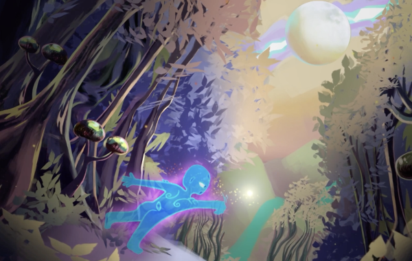 Animated still of a blue boy reaching for an orb of light in a forest