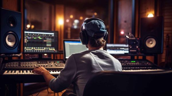 Sound engineer wearing headphones and musician recording song in a boutique recording studio