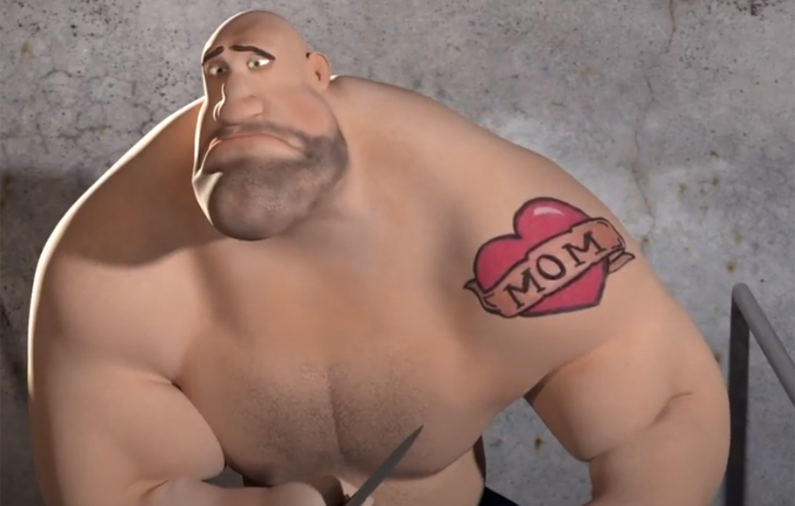 Animation image: strong man with mom tattoo
