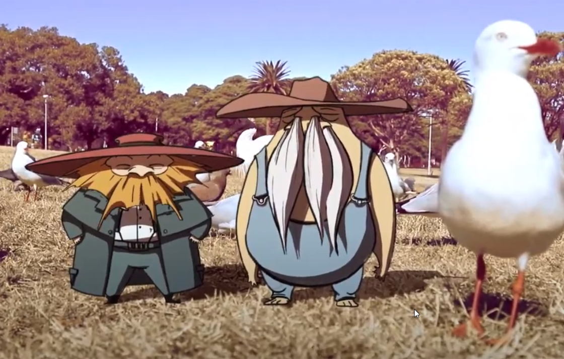 Animation image: comical farmers, large seagull