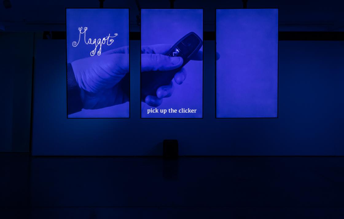 Installation view of UTS Gallery bathed in blue light