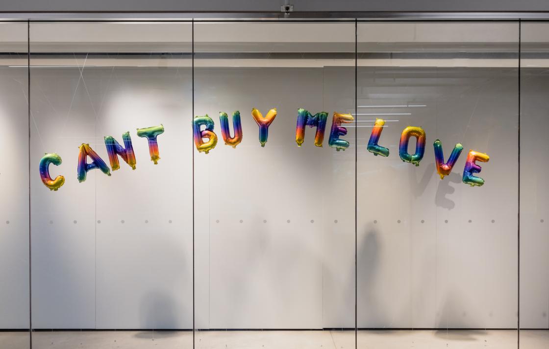 Rainbow balloons 'CANT BUY ME LOVE'