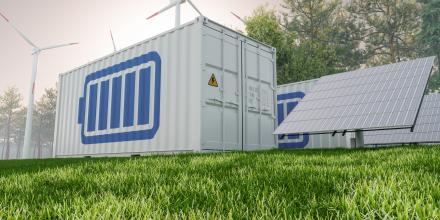 Solar panel, wind turbines and Li-ion battery storage container