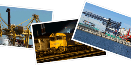 Collage of three photos showing Port Botany equipment and facilities