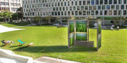 An artist’s impression of the algae panel installation proposed for UTS’s Alumni Green.