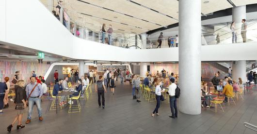 An artist's impression of the UTS Central food court with colourful chairs, group tables and students walking through