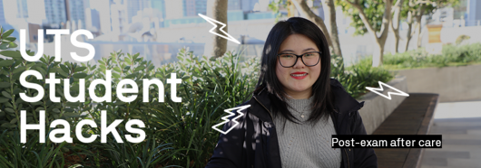 UTS Student Hacks logo with image of Kelly smiling among some trees in the background