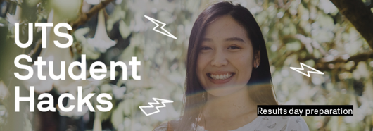 UTS Student Hacks logo with image of Rebecca smiling among some trees in the background