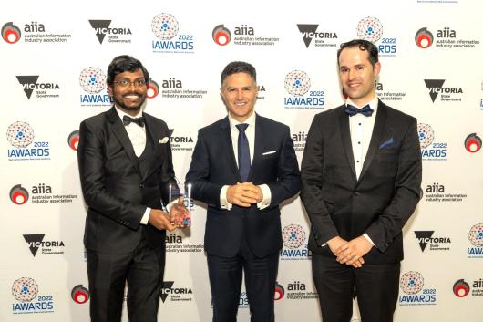Dr Avinash Singh, Victor Dominello MP, and Sergio Martins (left to right) at the 2022 NSW iAwards ceremony
