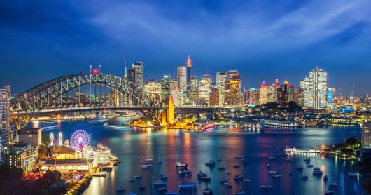 Panorama of Sydney harbour and bridge in Sydney city at night