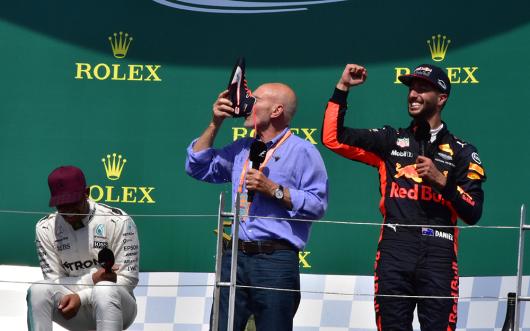 Enthusiastic shoey exponent racing driver Daniel Ricciardo gets Patrick Stewart in on the act at the Canadian Grand Prix. Picture by Pedro Mendes on Wikimedia Commons (CC BY 2.0) 