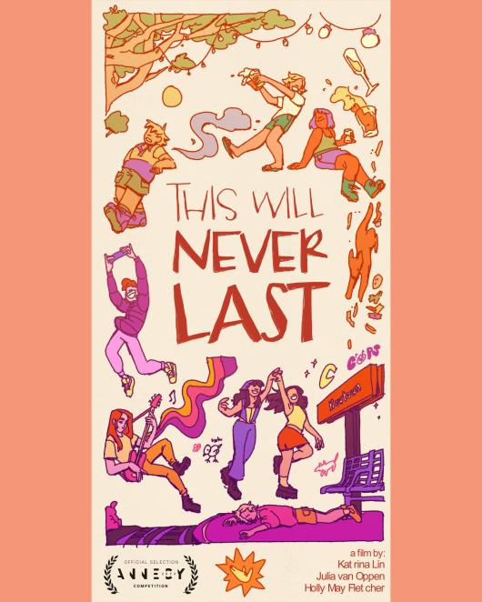 Image of animated image in pale oranges, reds and purples, of people at a bar with text 'This Will Never Last'