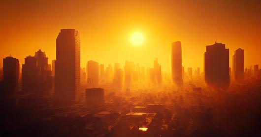 A generative AI image of a blazing sun over an urban landscape.