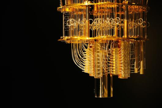 A complex cooling rig is needed to maintain the ultracold working temperatures required by a superconducting quantum computer.