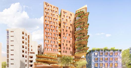 An image render of the proposed design of the National First Nations College which features a towering building next to a heritage building which has been painted in bright colours.