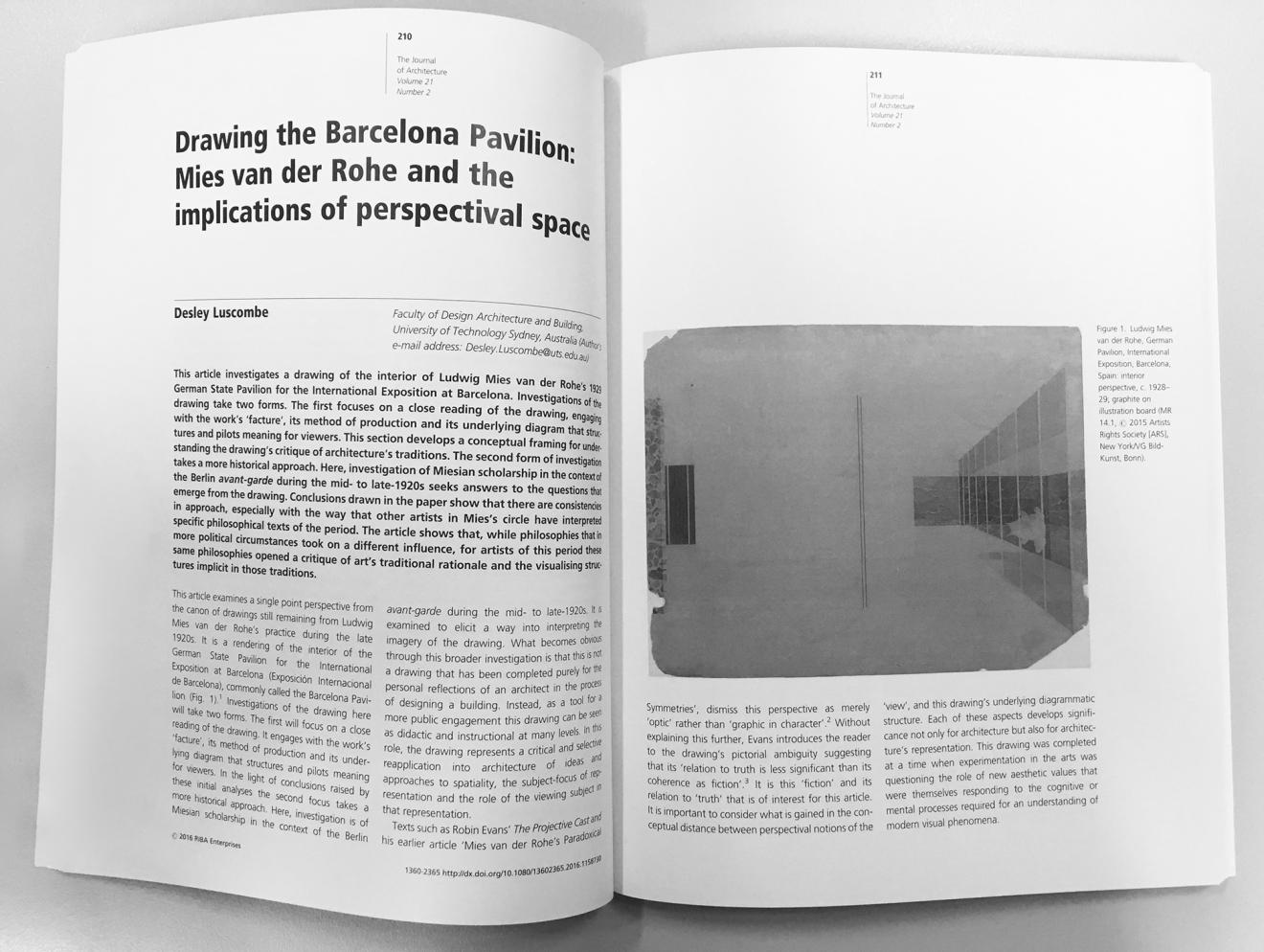 DAB Staff Project: Drawing the Barcelona Pavilion: Mies Van Der Rohe and the Implications of Perspectival Space, by Desley Luscombe