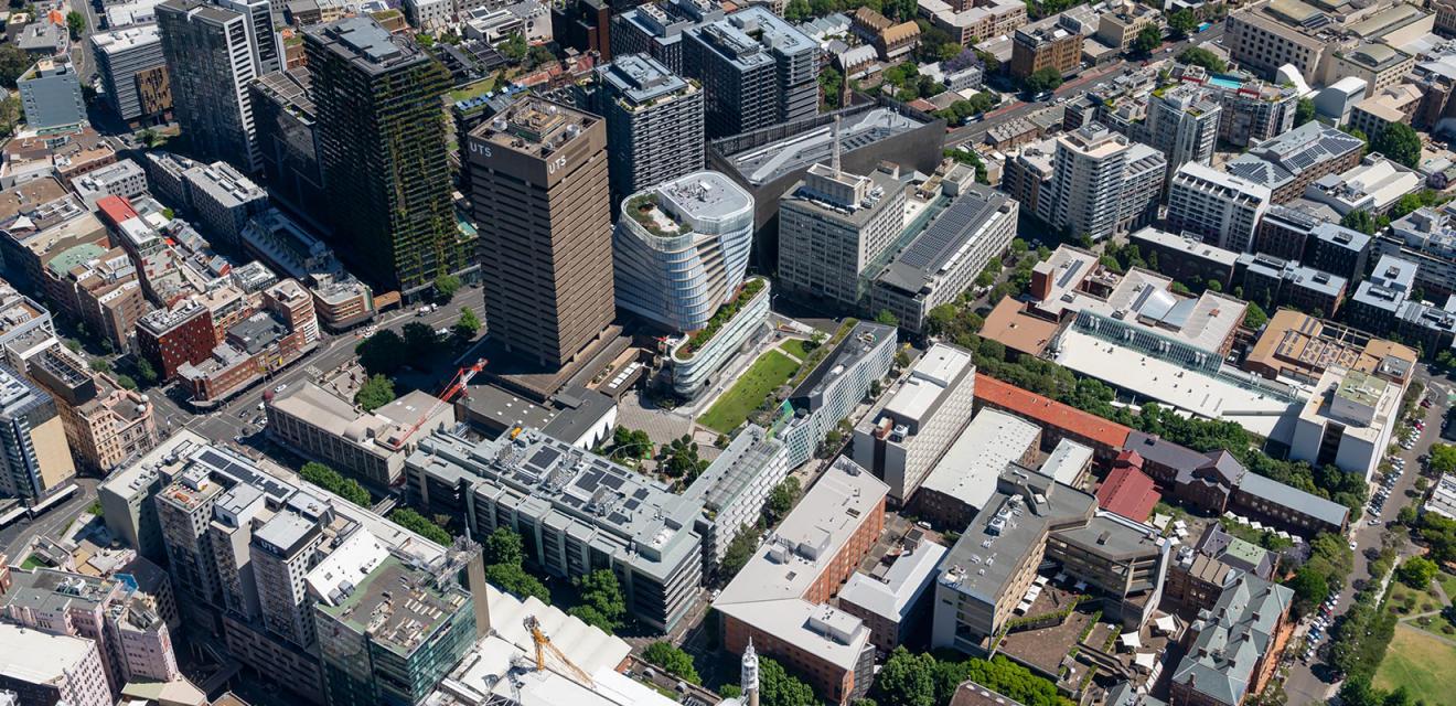 An aerial photograph showing a number of city blocks, including the UTS Tower and other UTS buildings