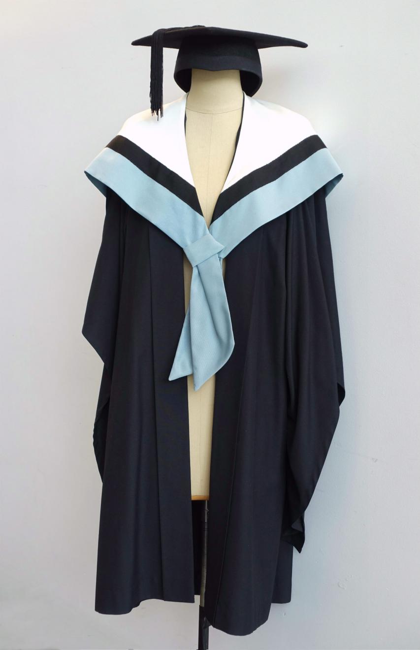 Black Bachelor gown, eau de nil grey Graduate Diploma hood for Business and a black trencher