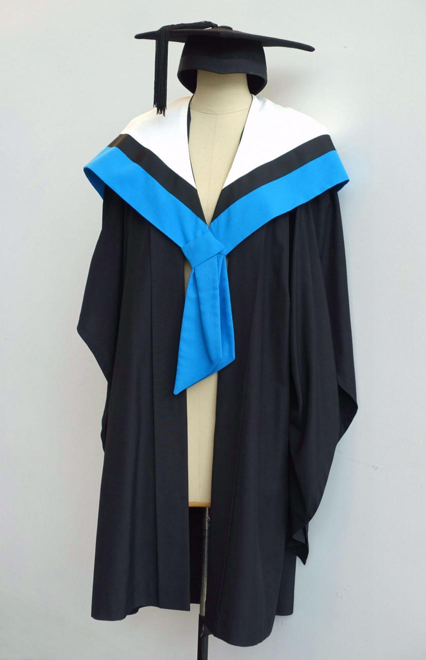 Black Bachelor gown, electric blue Graduate Diploma hood for Information Technology and a black trencher