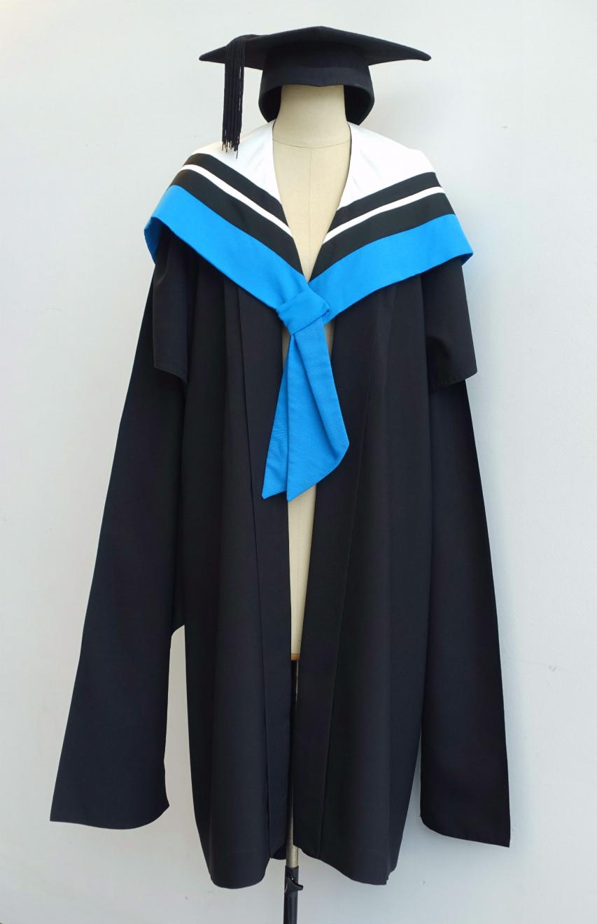 Black Master gown, electric blue Master hood for Information Technology and a black trencher