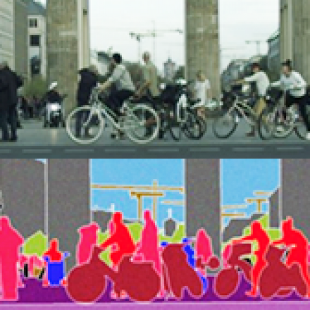 city scene with duplicate scene below to identify and outline people, bikes, cars and buildings