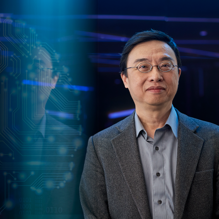 Distinguished Professor CT Lin standing in front of a purple background with neon abstract lights and next to an image of himself with an overlay of an abstract brain made up of circuits and connections