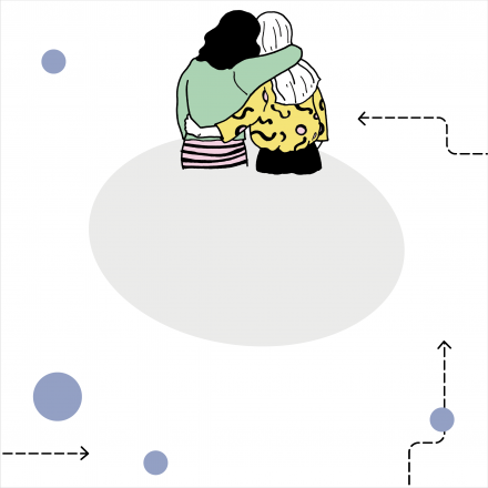 Illustration of two people with their arms across each other's shoulders