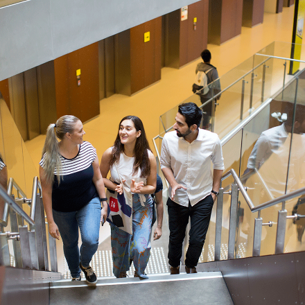 Three students climb a staircase, smiling and chatting