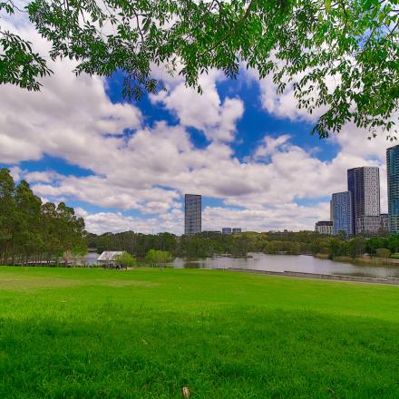 An urban park with green grass in the foreground, water and tall buildings in the background