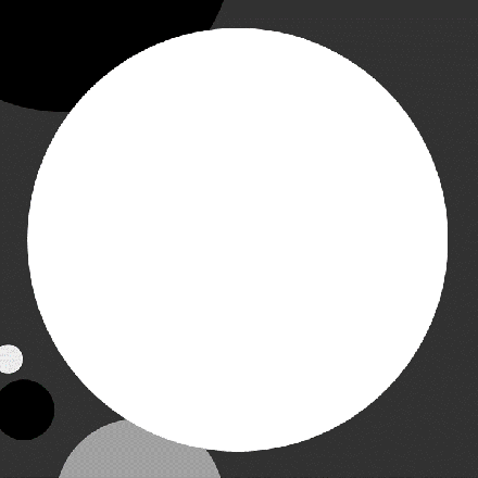 large white circle on charcoal background with smaller black and grey circles