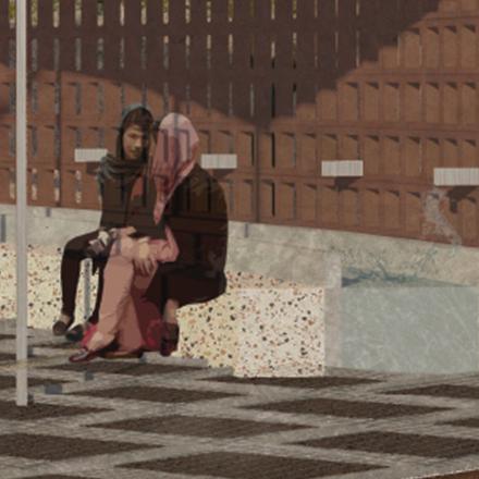 Drawing, two people in an outside setting